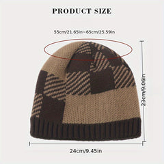 Winter Fleece Lining Plaid Knitted Beanie Hat for Men & Women