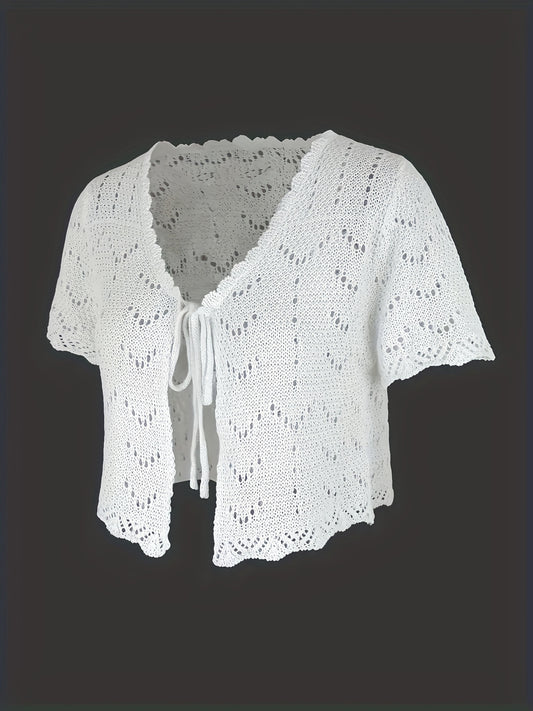  Solid Pointelle Scallop Trim Short Sleeve V Neck Crop Cardigan