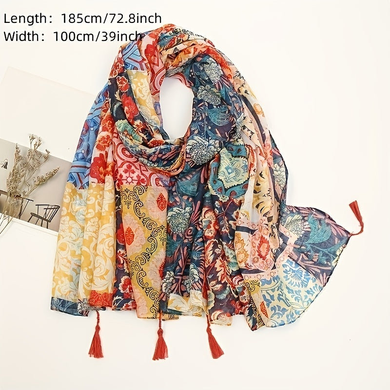 Boho Flower Print Scarf Vintage Tassel Shawl Windproof Head Wrap