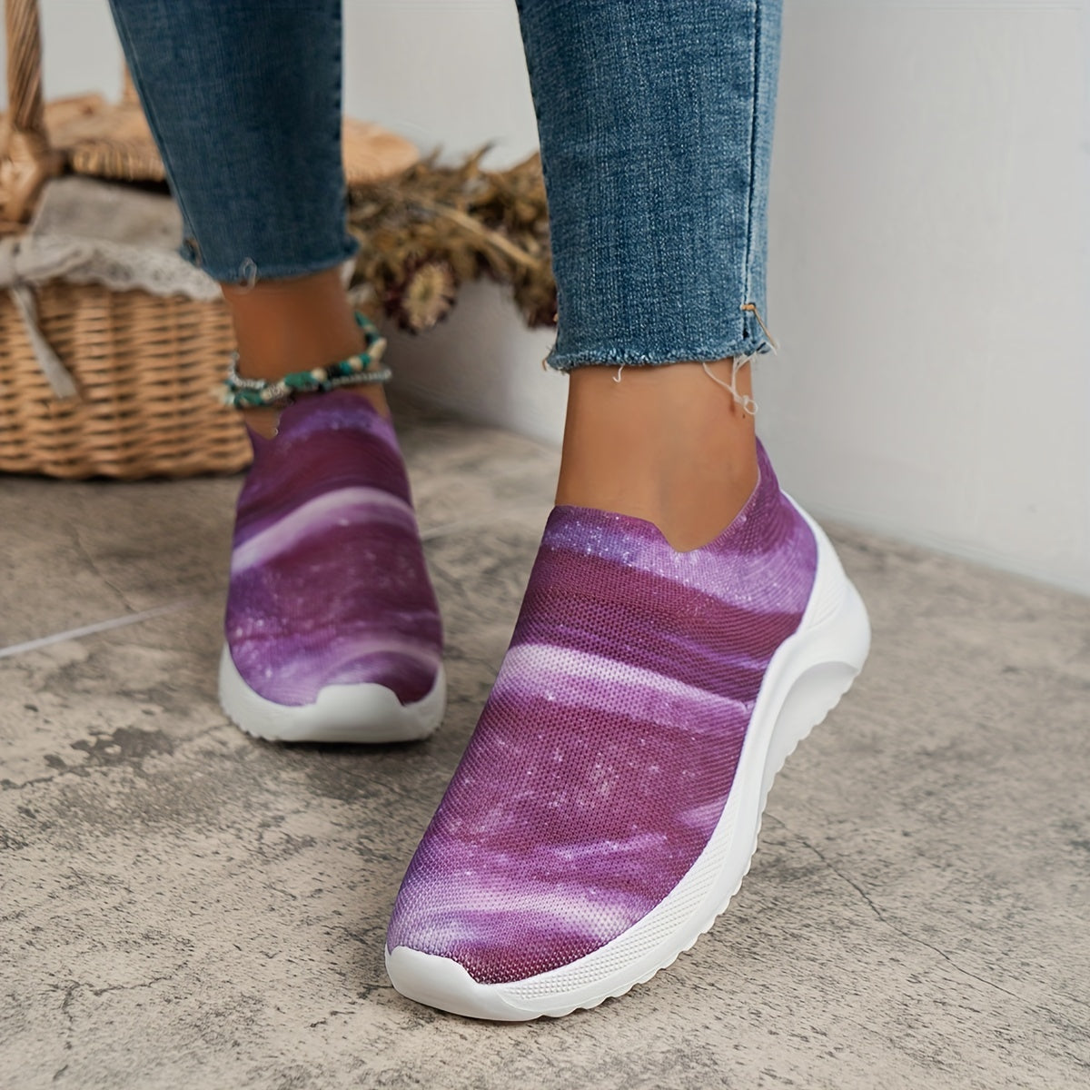 Women's Colorblock Flying Woven Sneakers Slip On Lightweight Platform Shoes