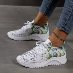 Women's Lace Up Rhinestone Sneakers Lightweight Casual Soft Sock Shoes