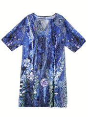  Women's Painting Print Roll Up Sleeve Knee Length Dress