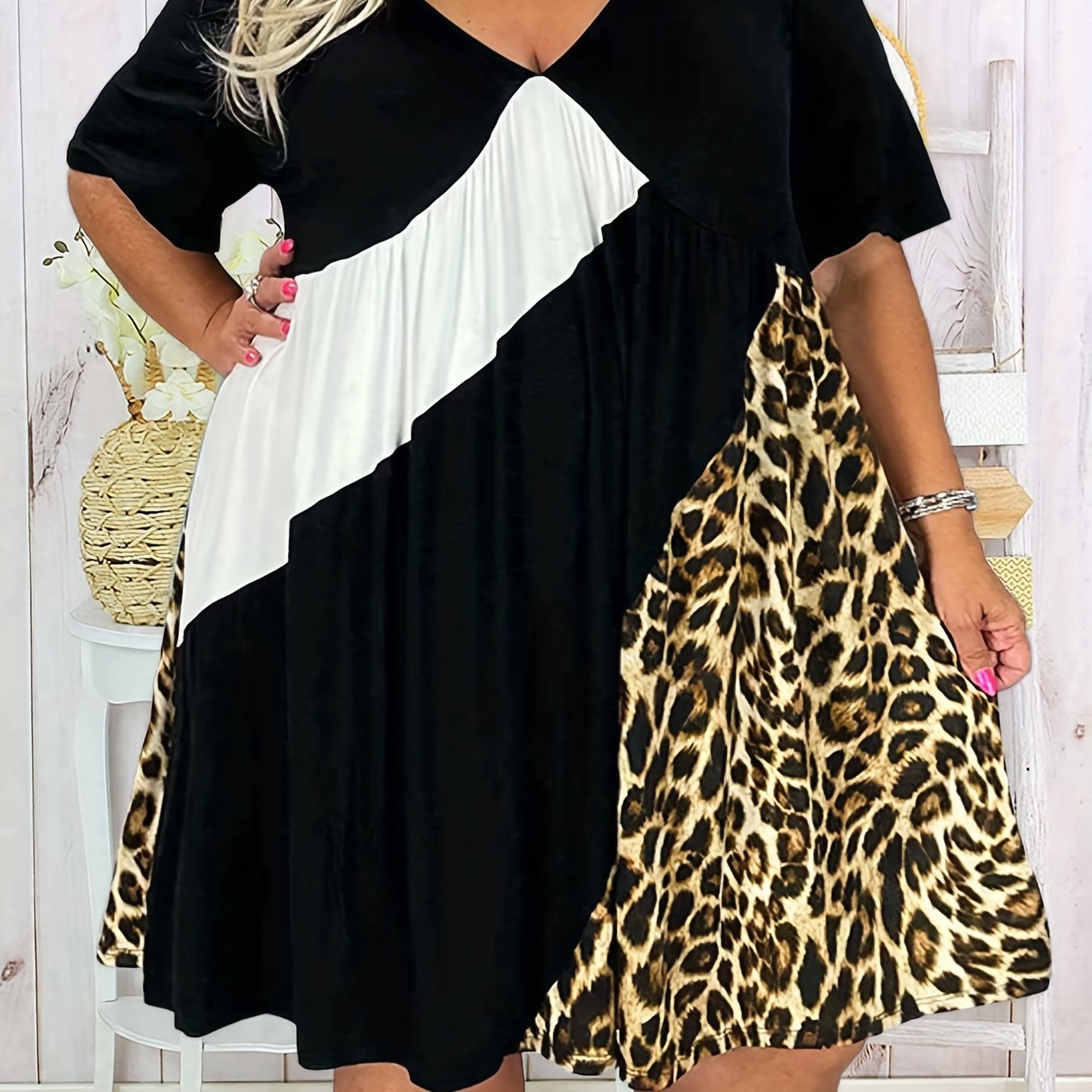  Casual Dress Colorblock Leopard Print V Neck Dress