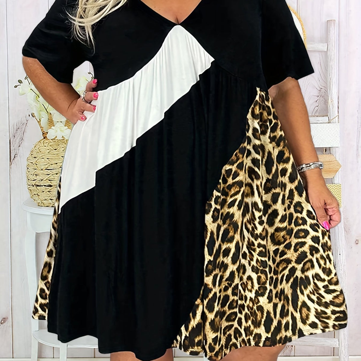  Casual Dress Colorblock Leopard Print V Neck Dress