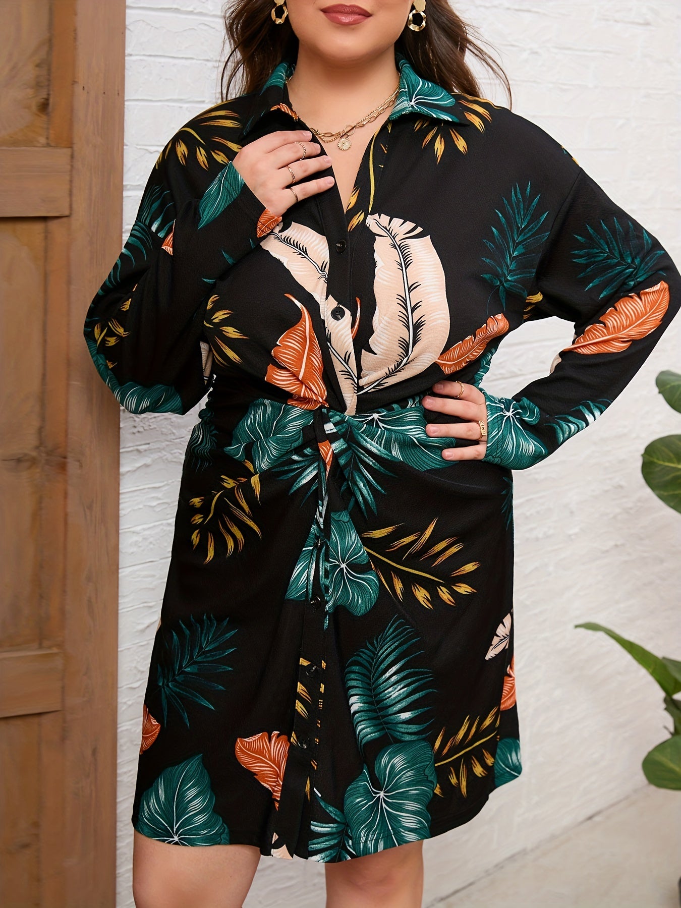  Tropical Print Button Up Long Sleeve Shirt Dress