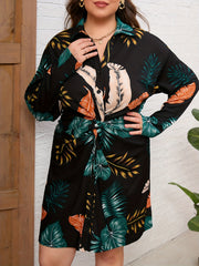  Tropical Print Button Up Long Sleeve Shirt Dress