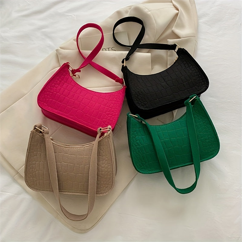 Crocodile Embossed Stylish Shoulder Bag Versatile Handbag Zipper Underarm Bag