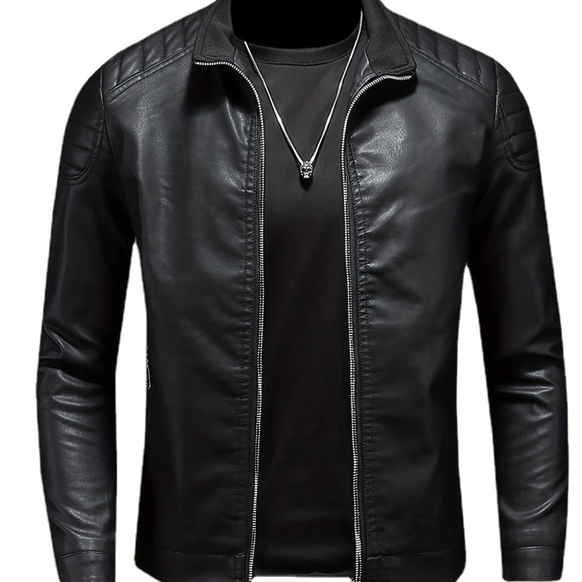 Men's Casual Faux Leather Biker Jacket Zip Up Stand Collar for Spring Fall