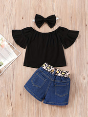 3pc Girls Off Shoulder Top & Denim Jeans Set + Headband