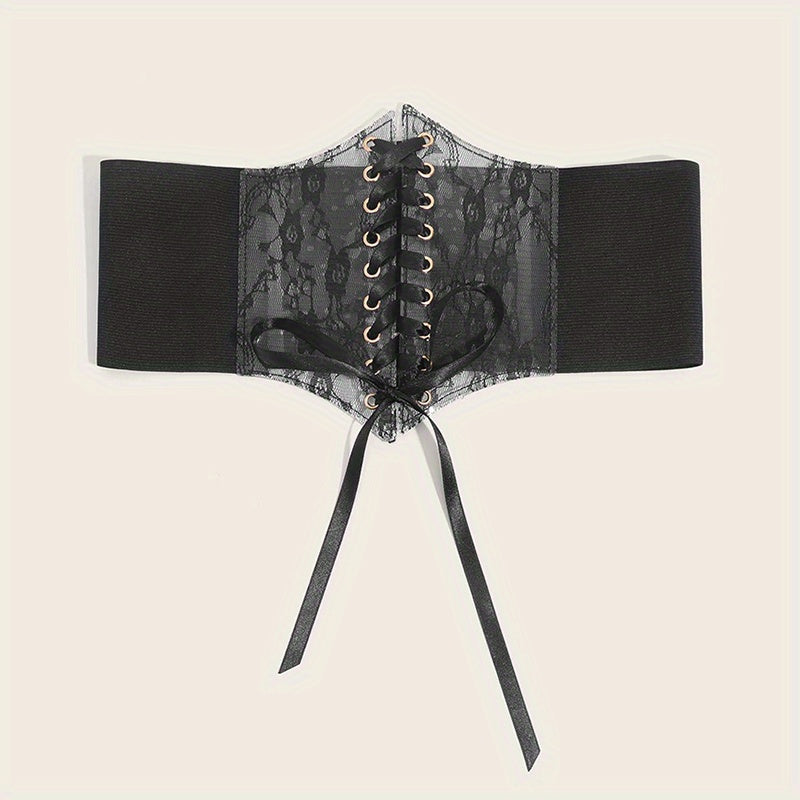  Lace-Up Corset Belt with Bowknot - Elastic Waistband Solid Design