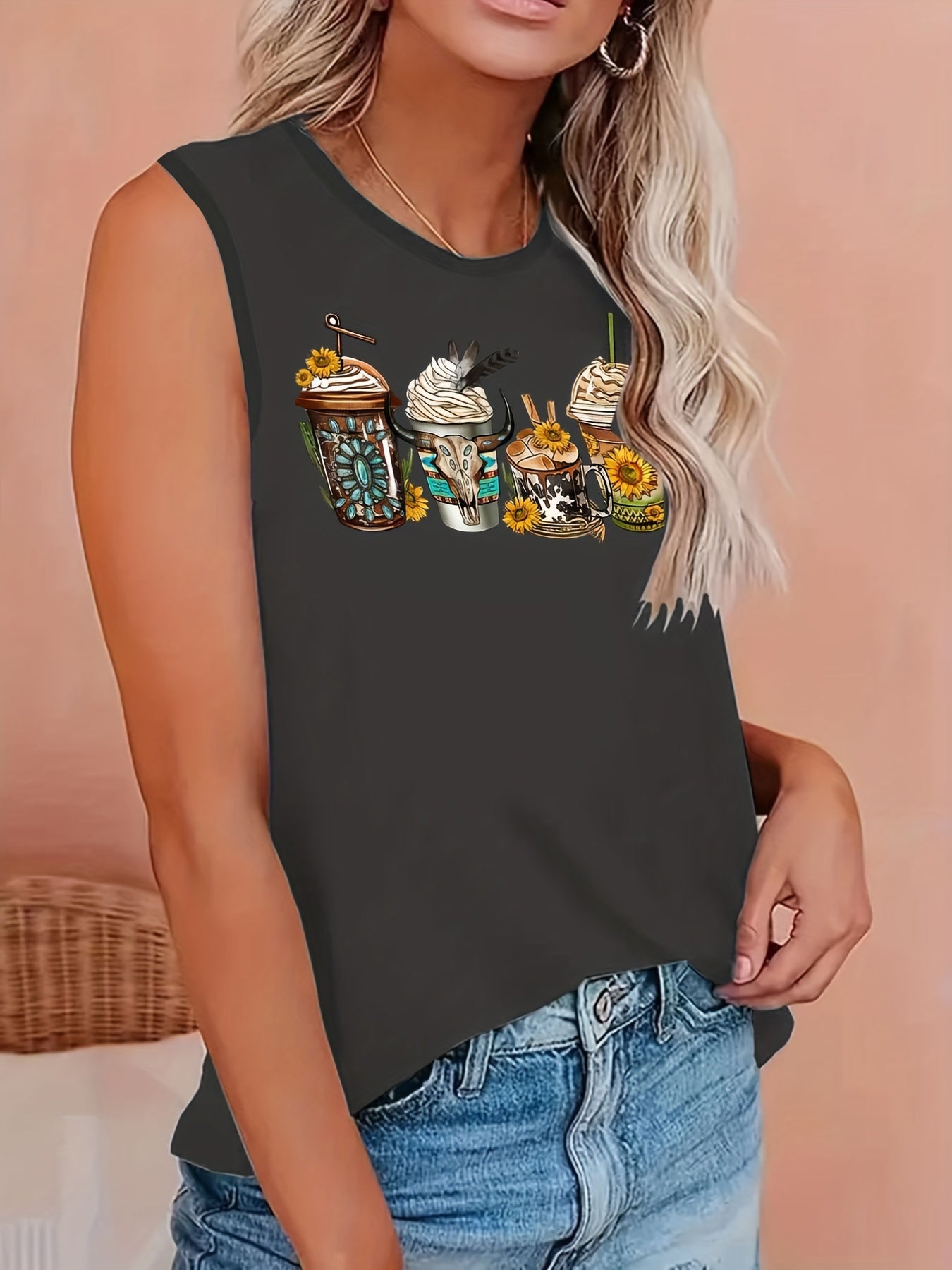  Slogan & Floral Skull Print Tank Top