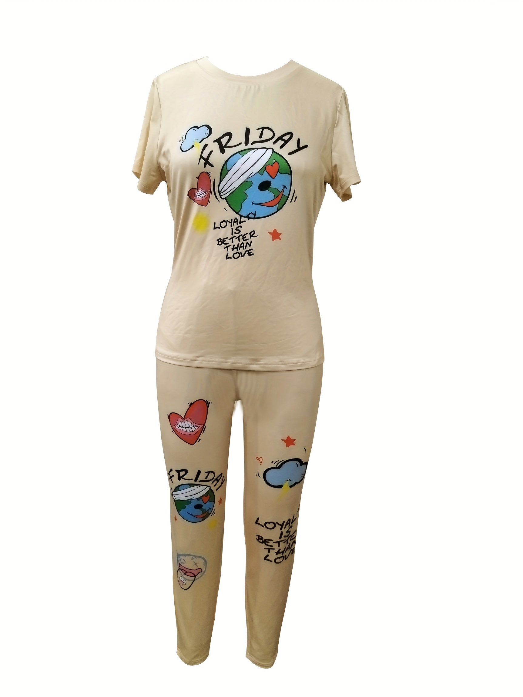 Cartoon Graphic Print Crew Neck T shirt & Long Sleeve Set