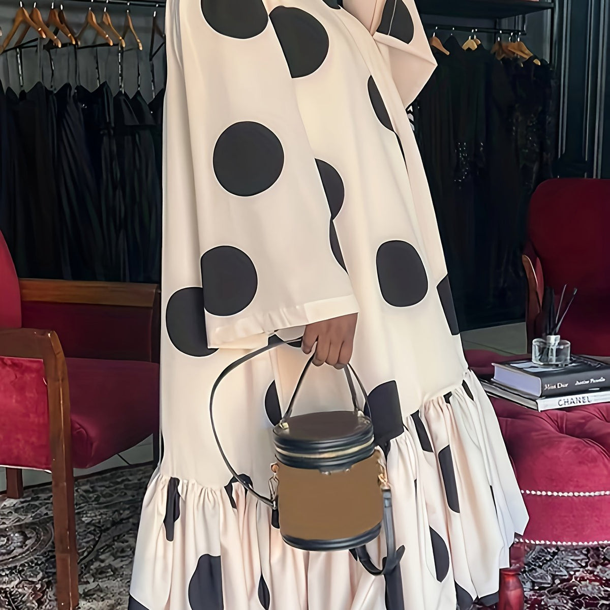  Polka Dot Print Long Sleeve Smock Dress