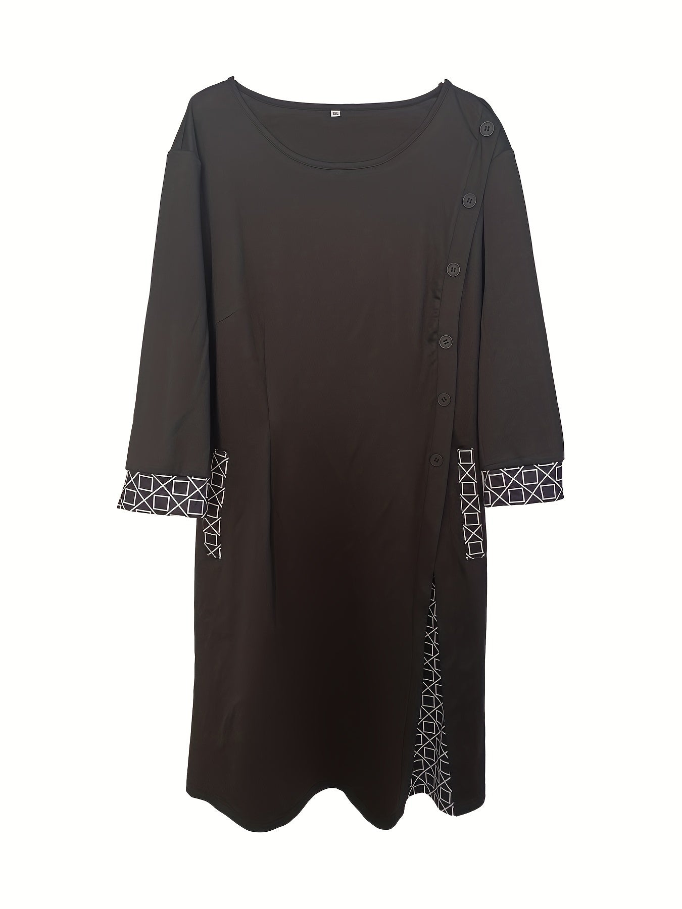  Geometric Print Colorblock Round Neck Dress