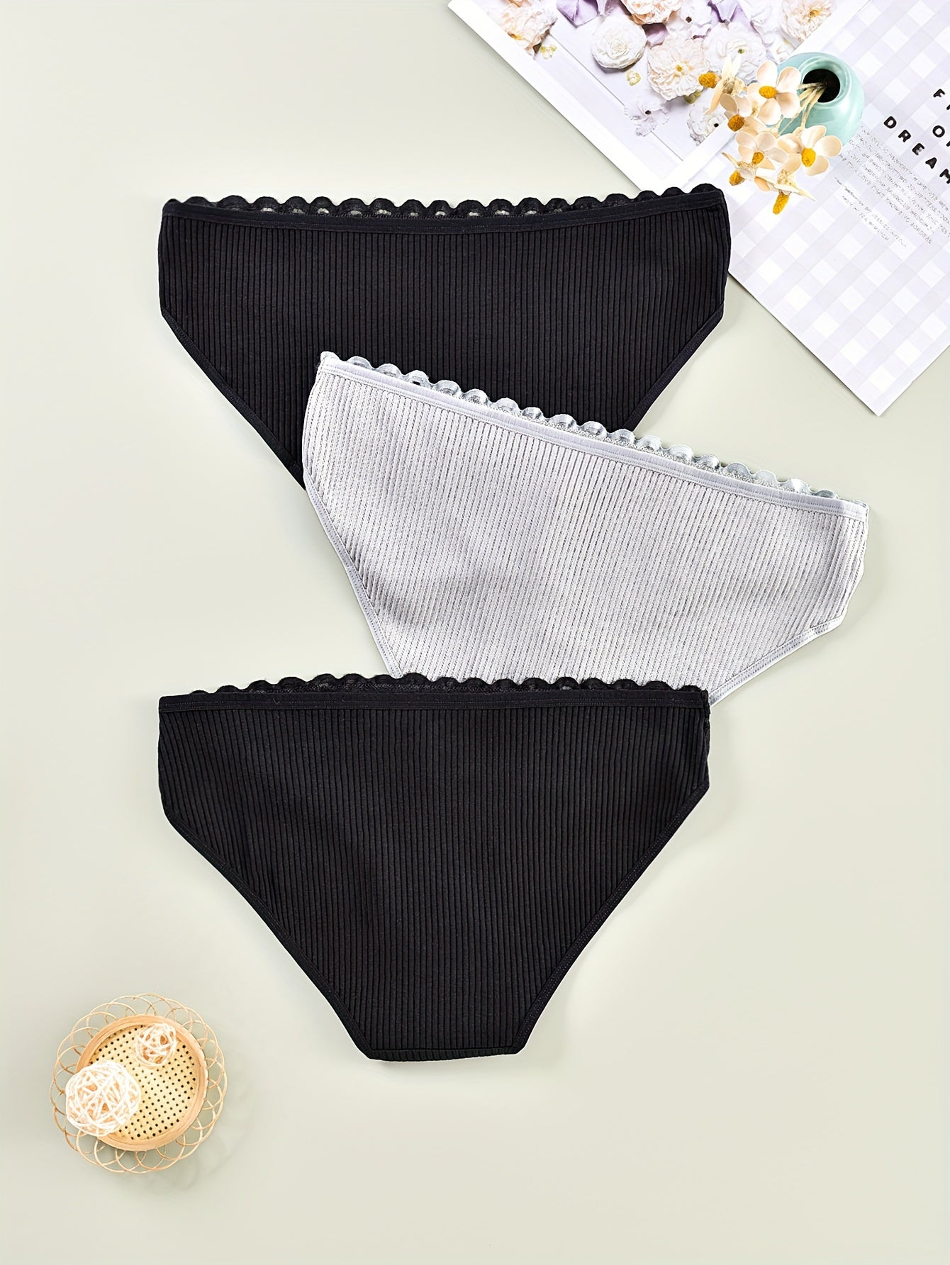 3 Pack Plus Size Panties Set Contrast Lace Briefs