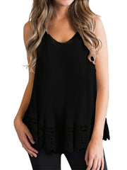  Tank Top Solid Contrast Lace Trim V Neck Stretch Tank Top