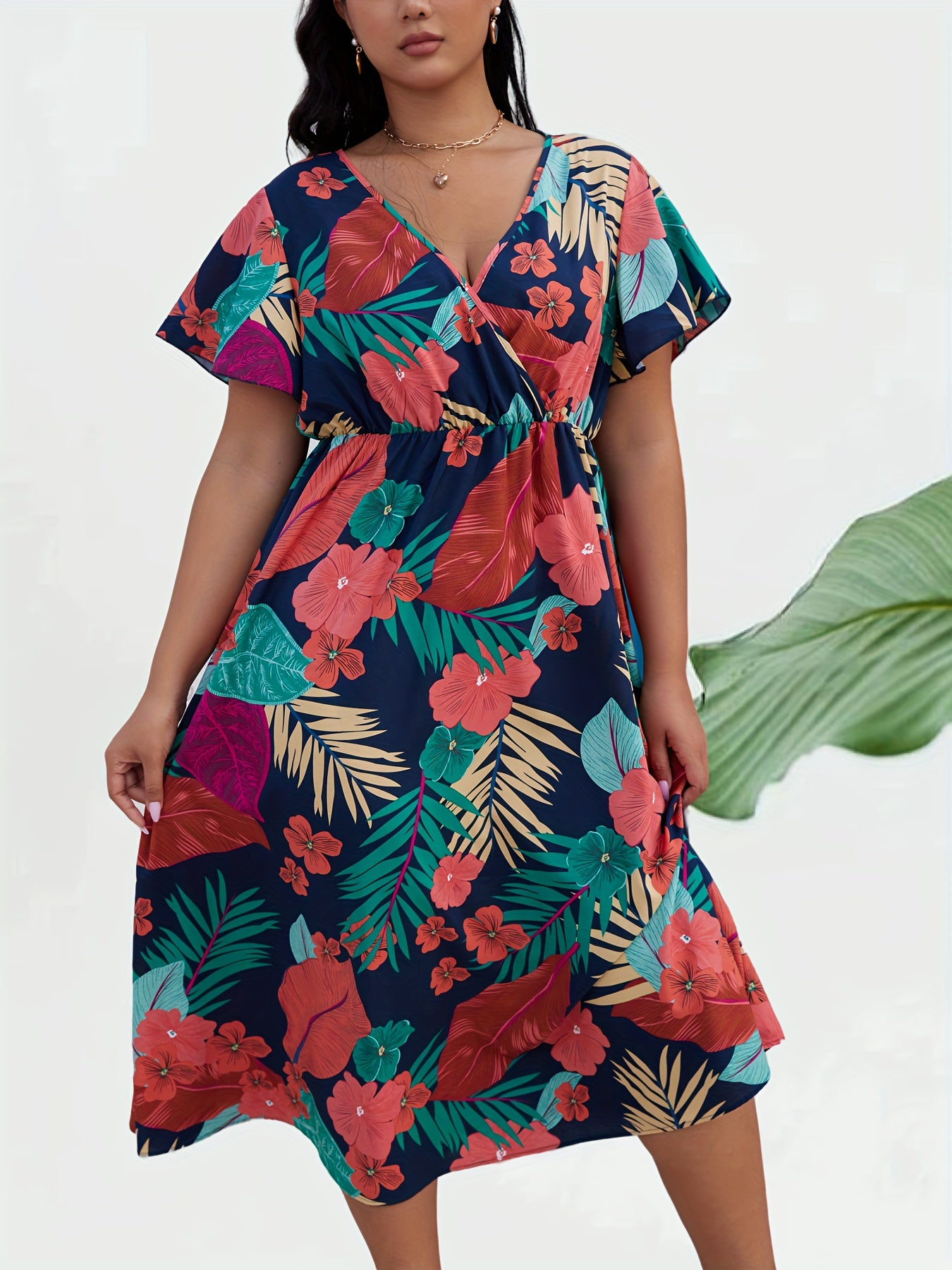  Tropical Print Flutter Sleeve Midi Dress