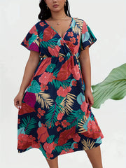  Tropical Print Flutter Sleeve Midi Dress