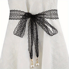 Faux Pearl Pendant Lace Girdle Sash Belt Bow Knotted Waistband Dress Girdle