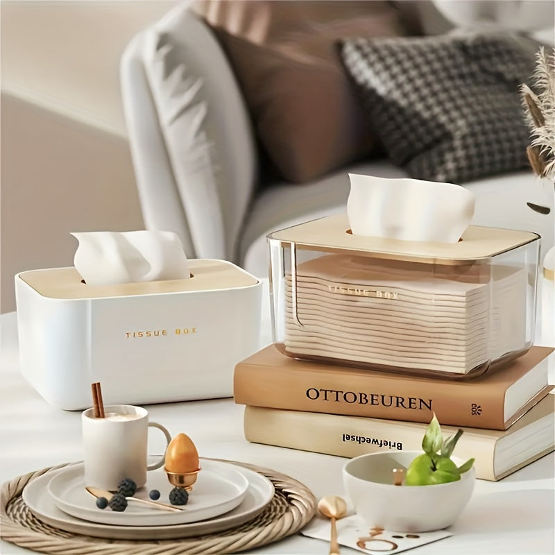 Plastic Tissue Box With Wooden Lid Modern Minimalist Style