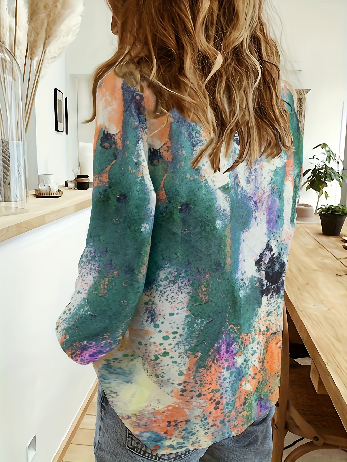  Allover Print Button Up Long Sleeve Blouse