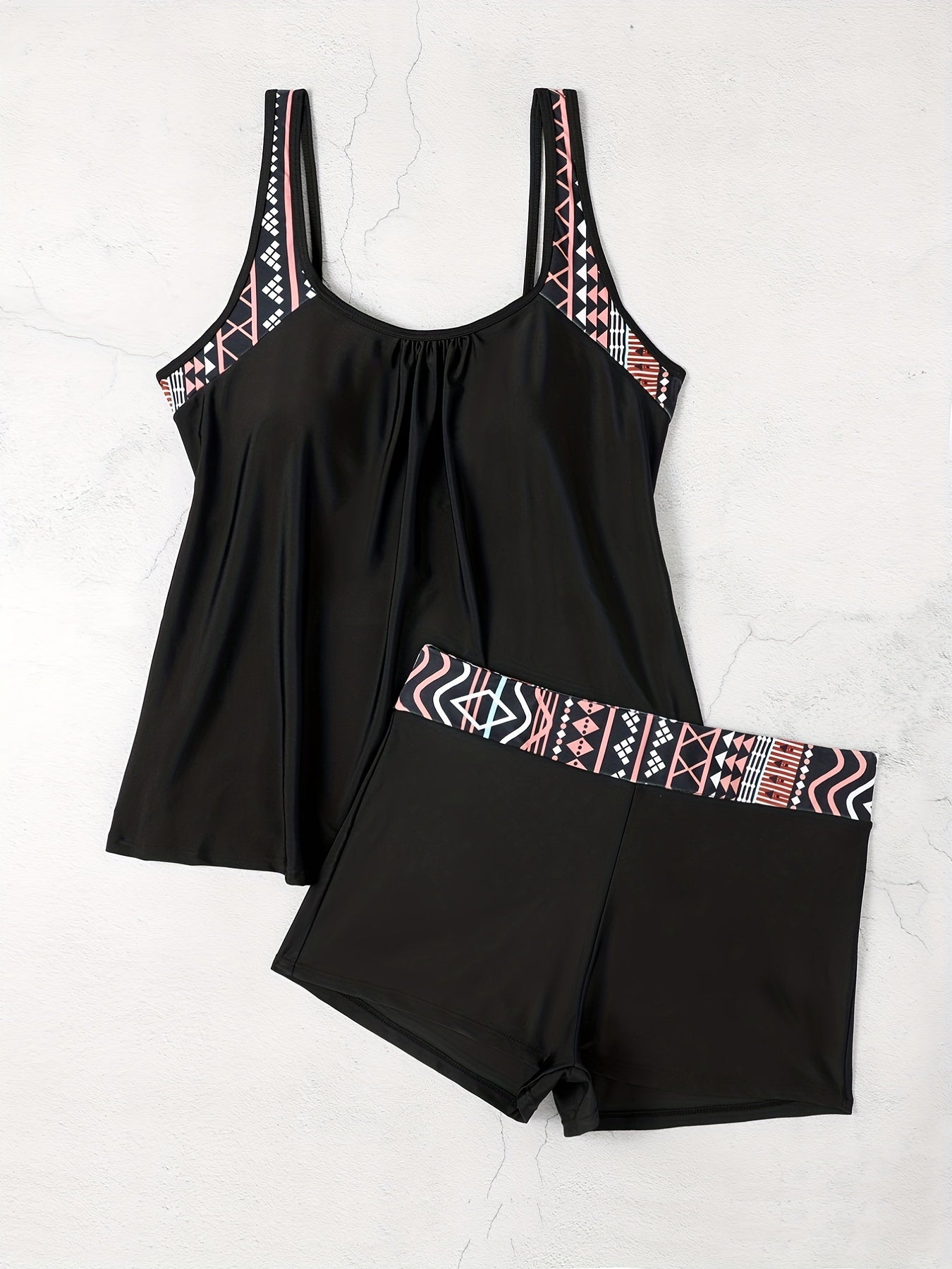  Geometric Tankini Set High Stretch Top & Shorts 2pcs