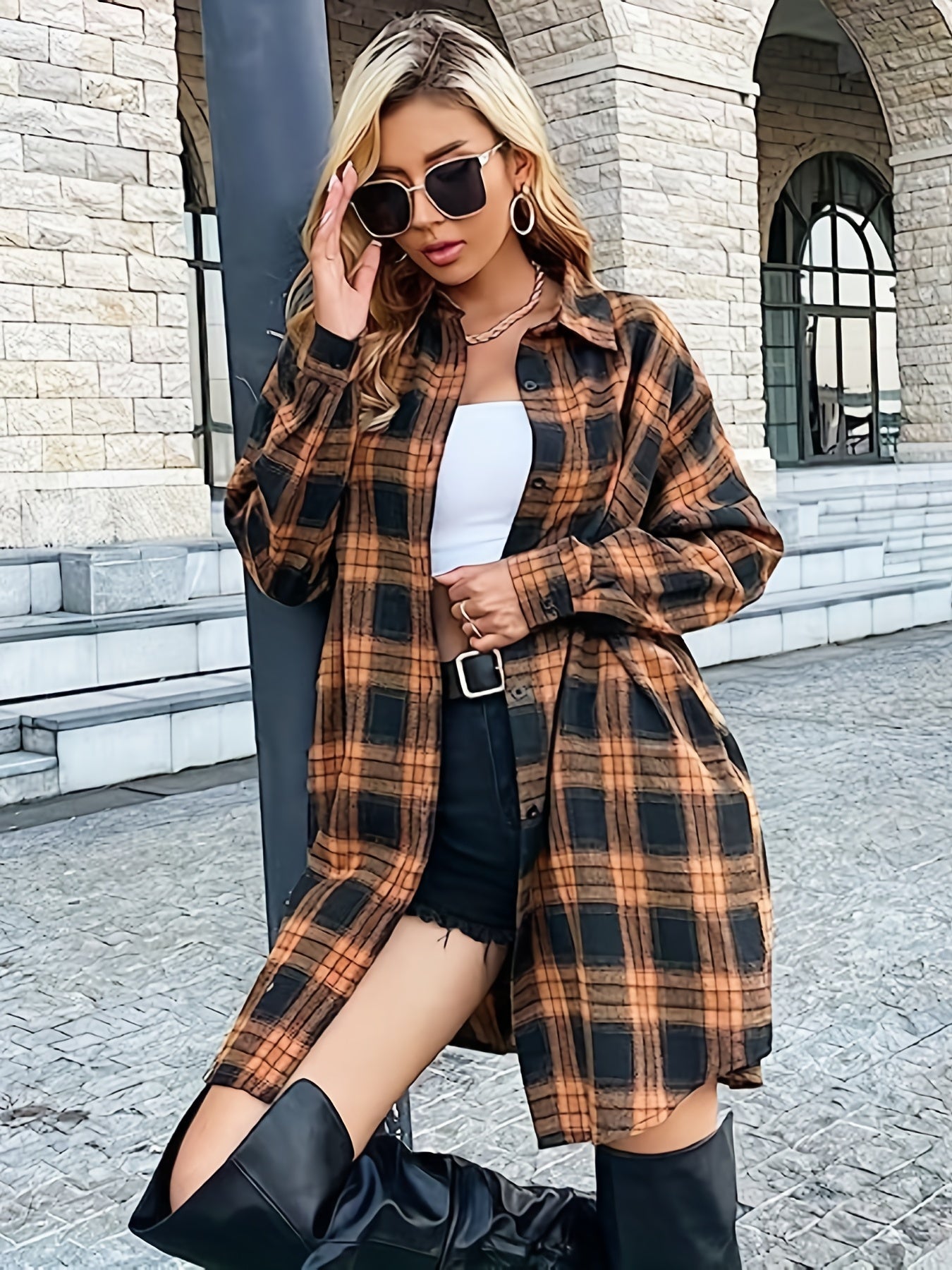  Plaid Print Button Up Long Sleeve Shacket