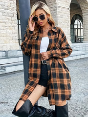  Plaid Print Button Up Long Sleeve Shacket