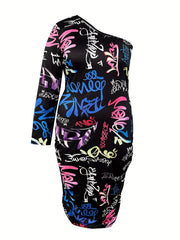  Graffiti Print One Shoulder Midi Dress