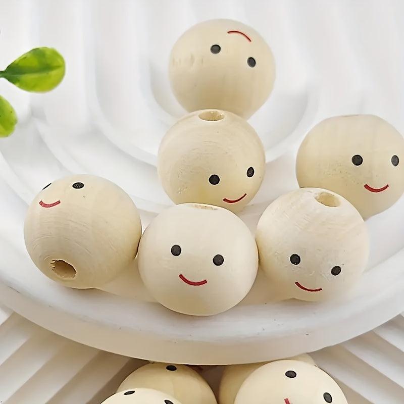 20pcs Smiling Face Wooden Beads Round Expression Loose Beads
