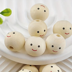 20pcs Smiling Face Wooden Beads Round Expression Loose Beads