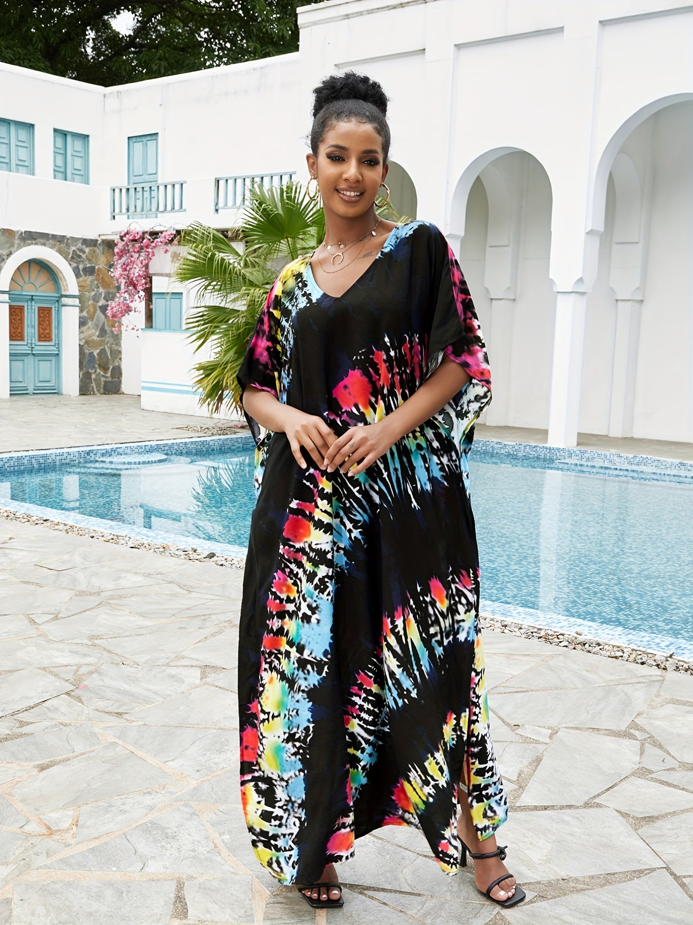  Boho Cover Up V Neck Bat Sleeve Split Dress