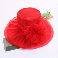 Organza Sun Hat Wide Brim Lace Derby Hat With Detachable Flower