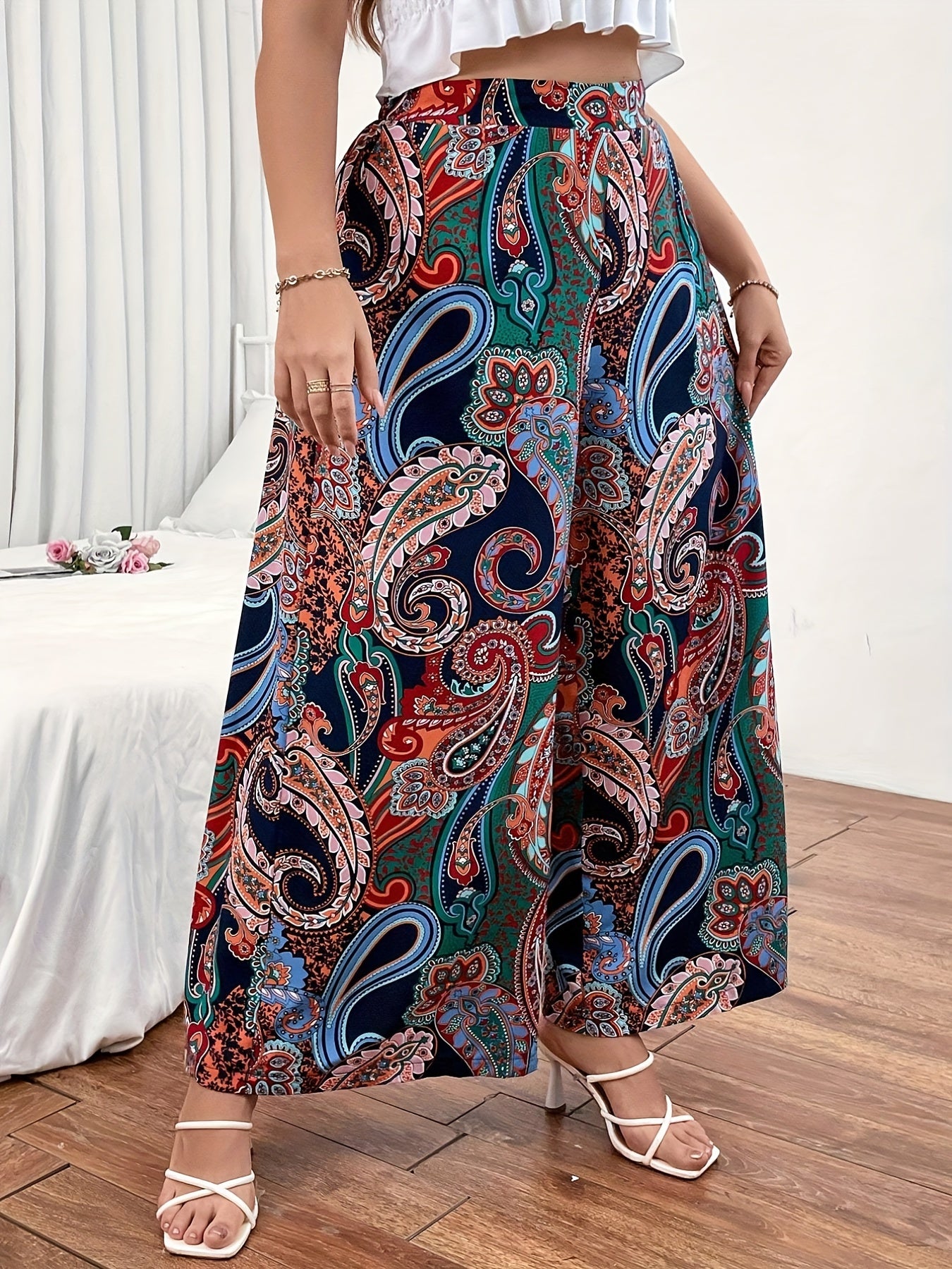 Paisley Print Boho Wide Leg Pants High Rise Loose Fit