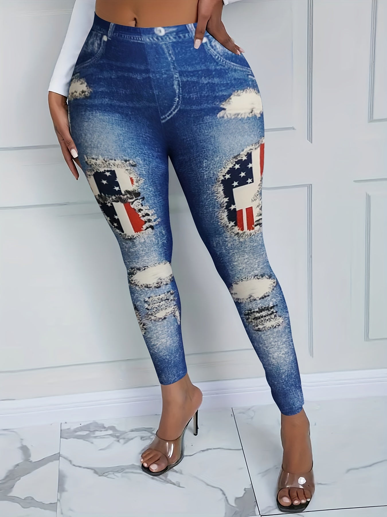  Denim Print High Rise Skinny Leggings