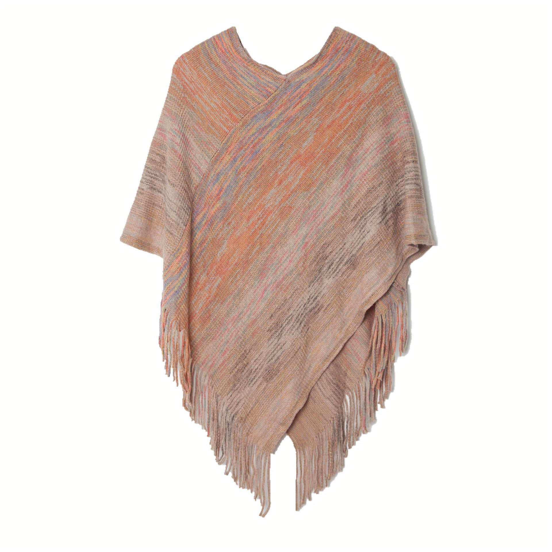 Women's V Neck Pullover Shawl Tassel Knitted Wrap Cloak