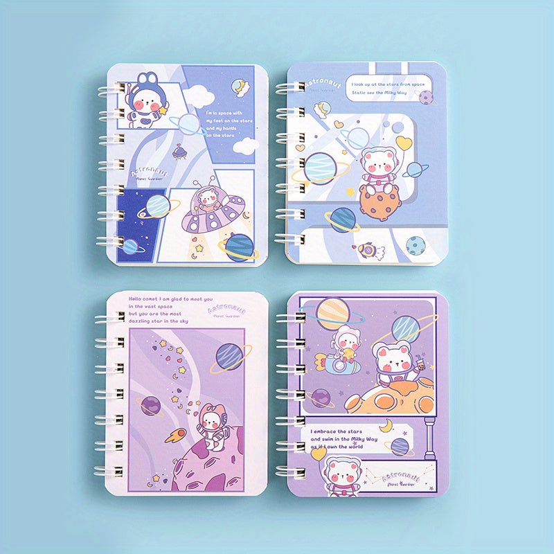 4pcs Cartoon Coil Mini Notebook Set, 320 Sheets A7 Student Portable Book
