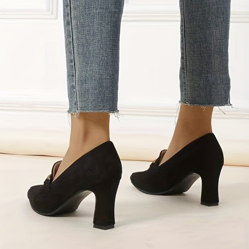 Women's Chunky Heeled Pumps Pointed Toe Slip On High Heels Dress Shoes