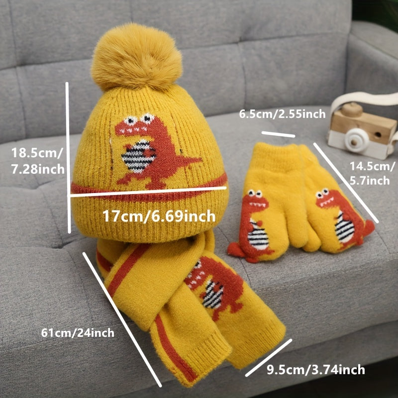 Kids Dinosaur 3-Piece Knit Set: Hat, Scarf, Gloves