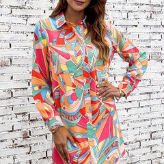  Colorblock Geo Print Long Sleeve Shirt Dress