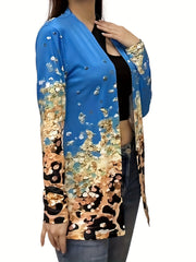  Colorblock Glitter Leopard Print Open Front Cardigan