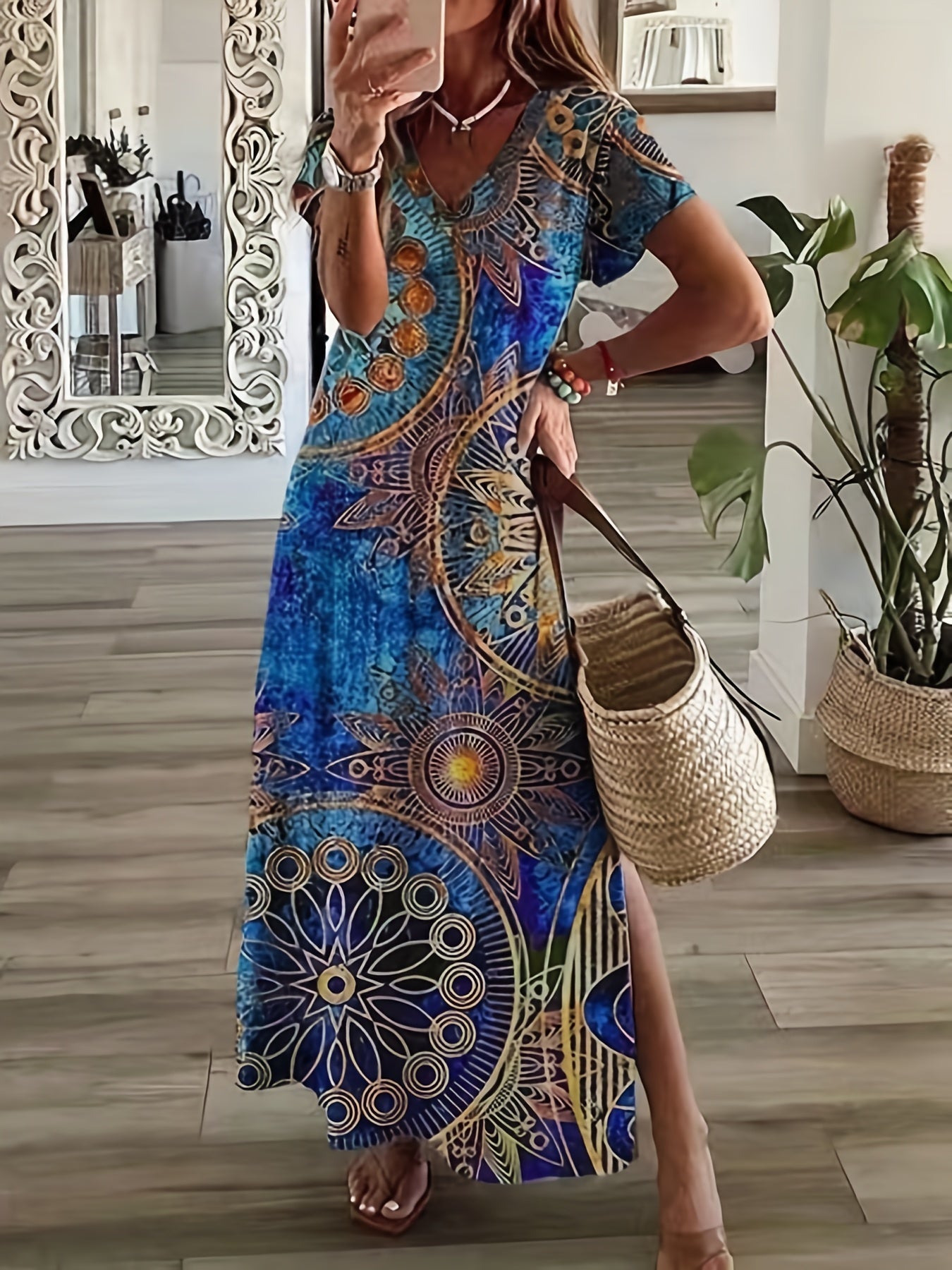 Floral Print V Neck Short Sleeve Boho Maxi Dress