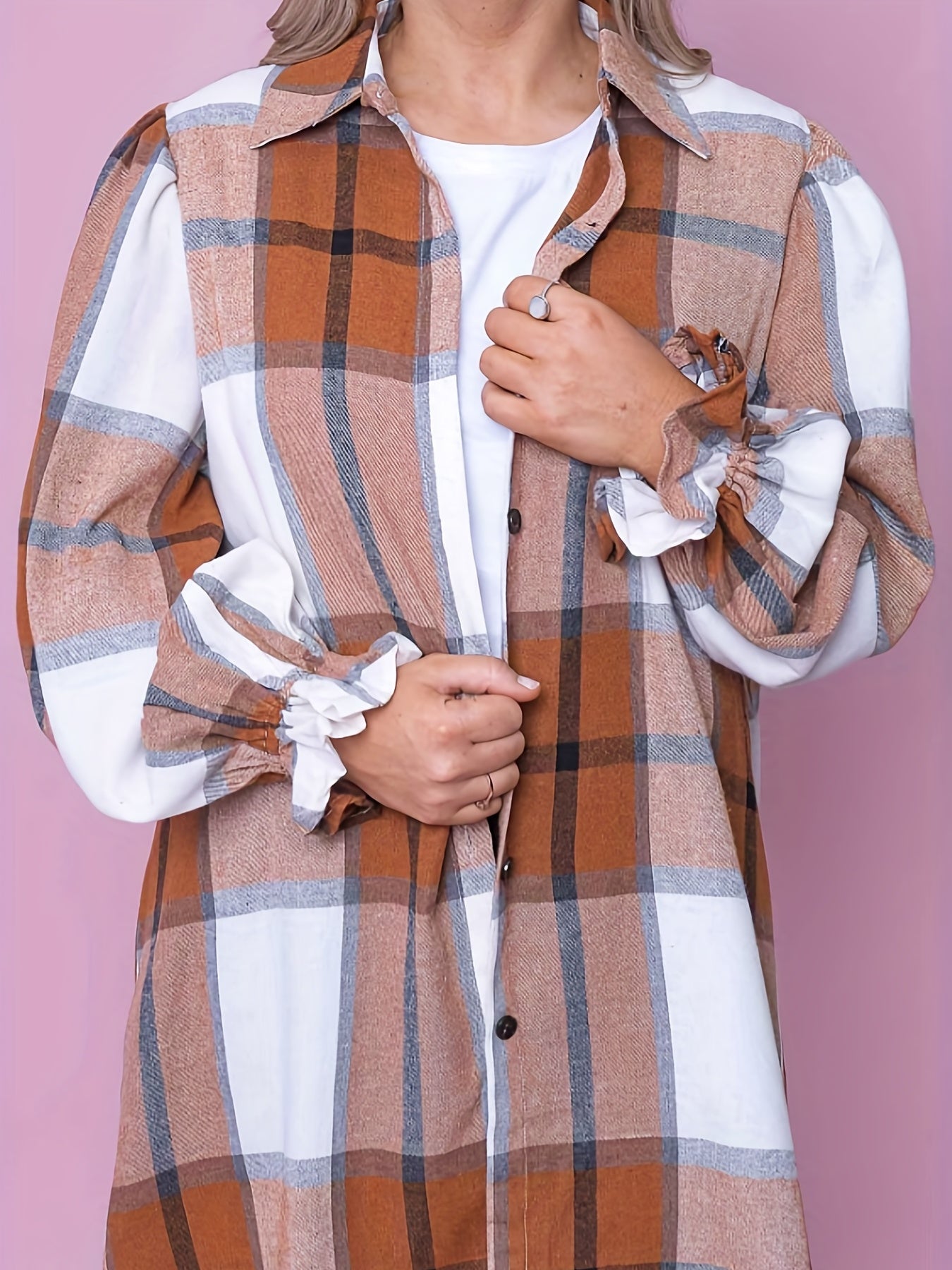  Plaid Flounce Sleeve Button Up Tunic Shirt Top