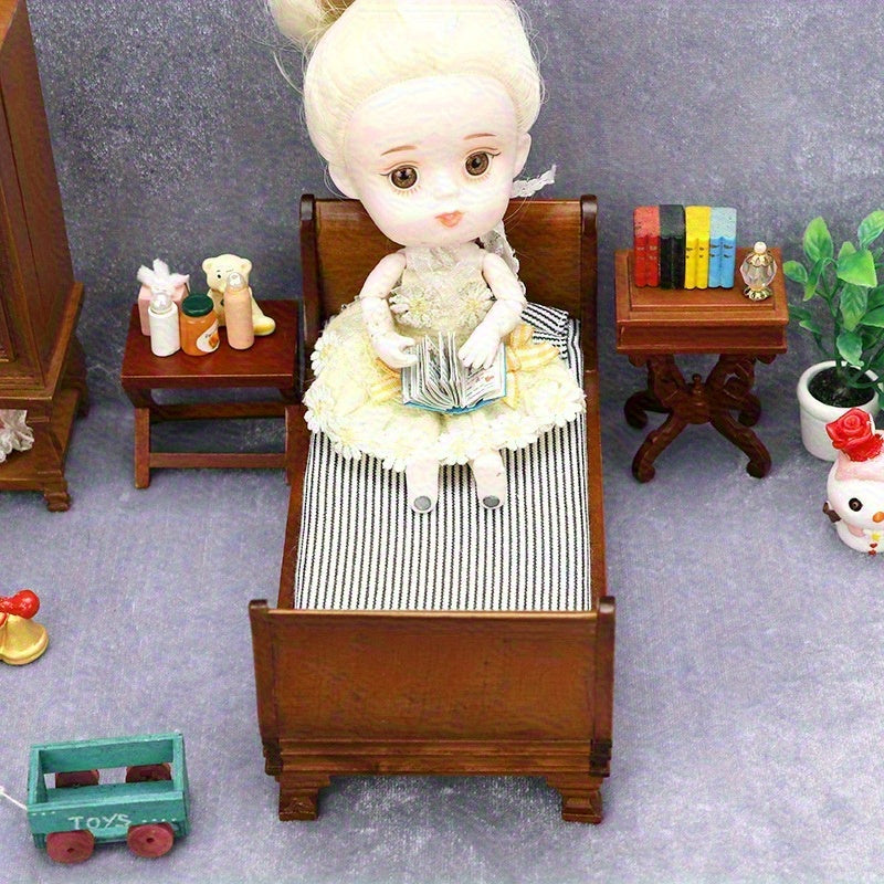 1:12 Scale Burgundy Classic Single Bed for Dollhouse Bedroom