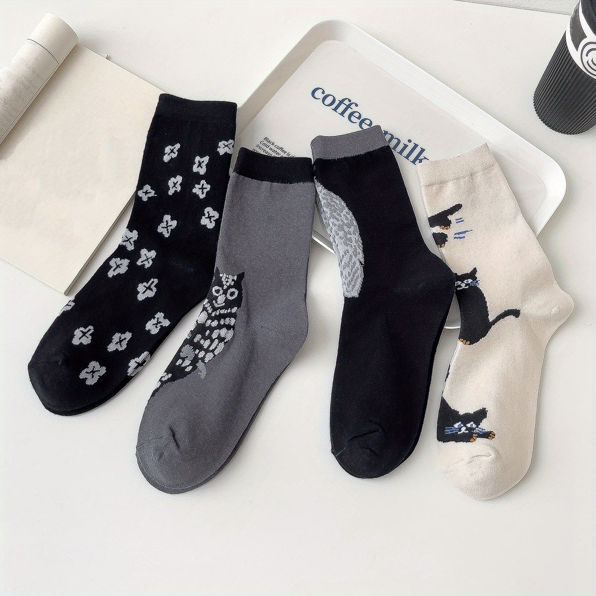 4 Pairs Cat & Owl Print Socks Cute & Comfy Women's Stockings