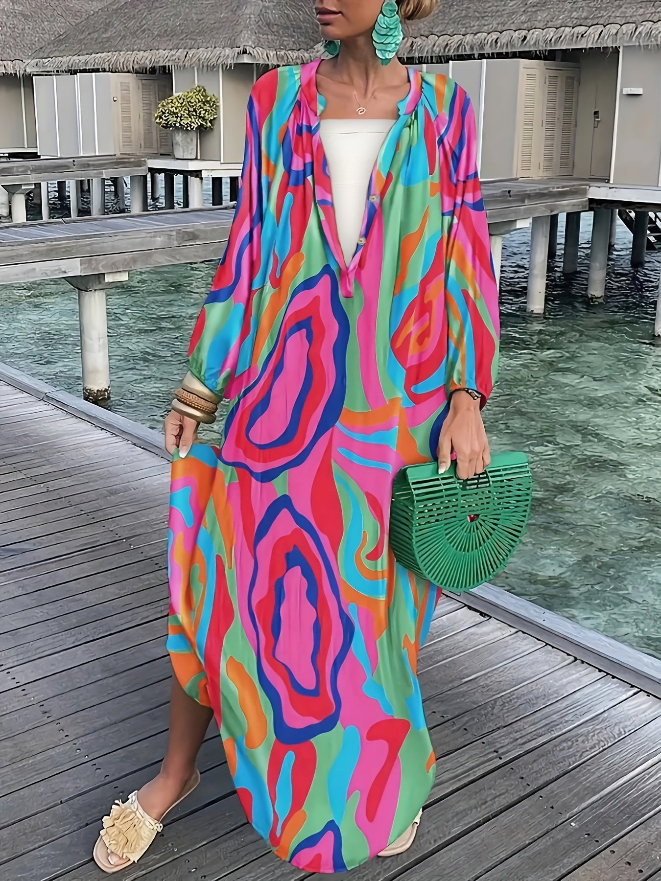  Print Button Up Maxi Dress