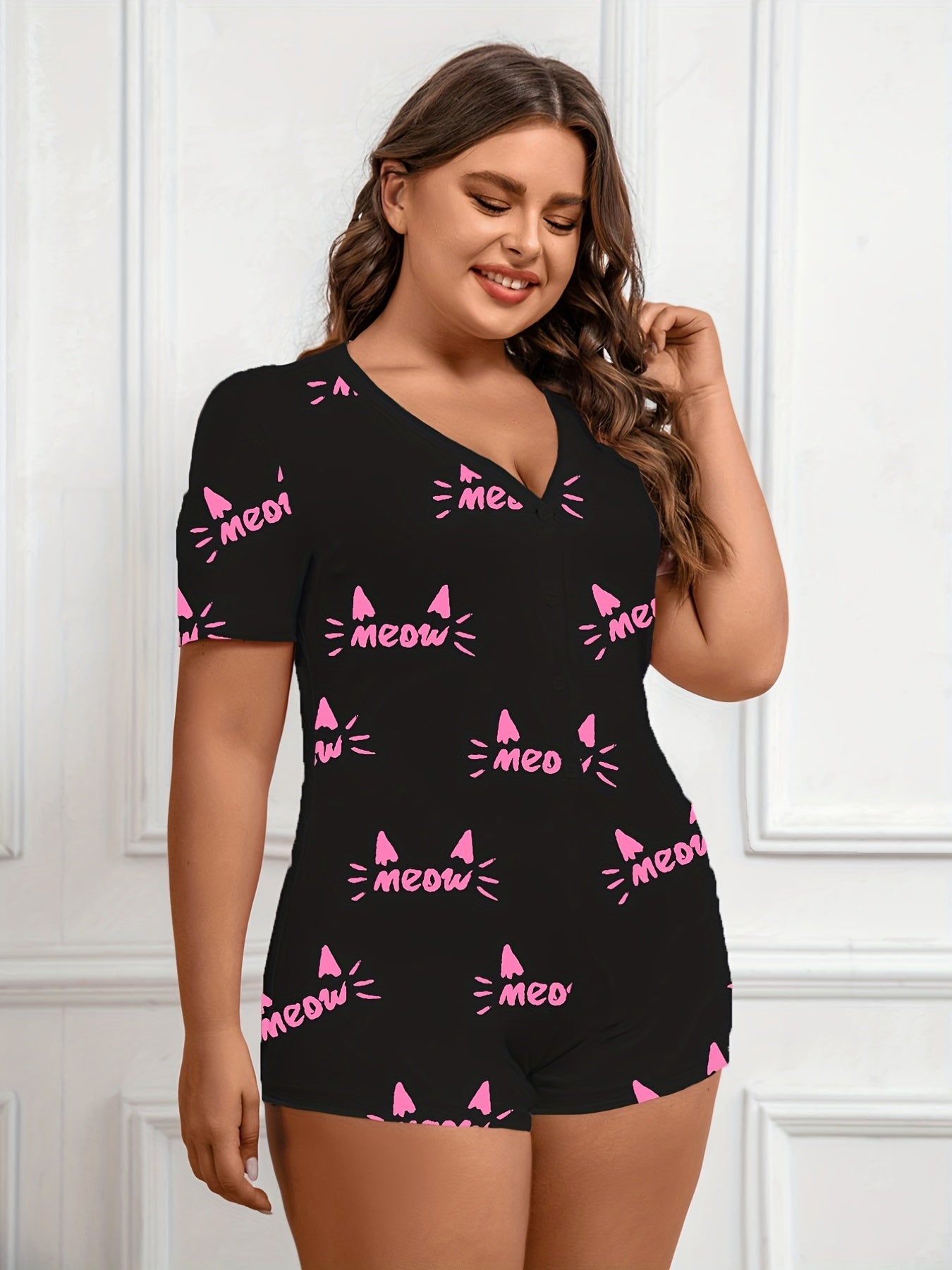 Letter Print Short Sleeve Pajama Romper