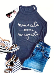Women's Letter Print Halter Top Sleeveless Crew Neck Top