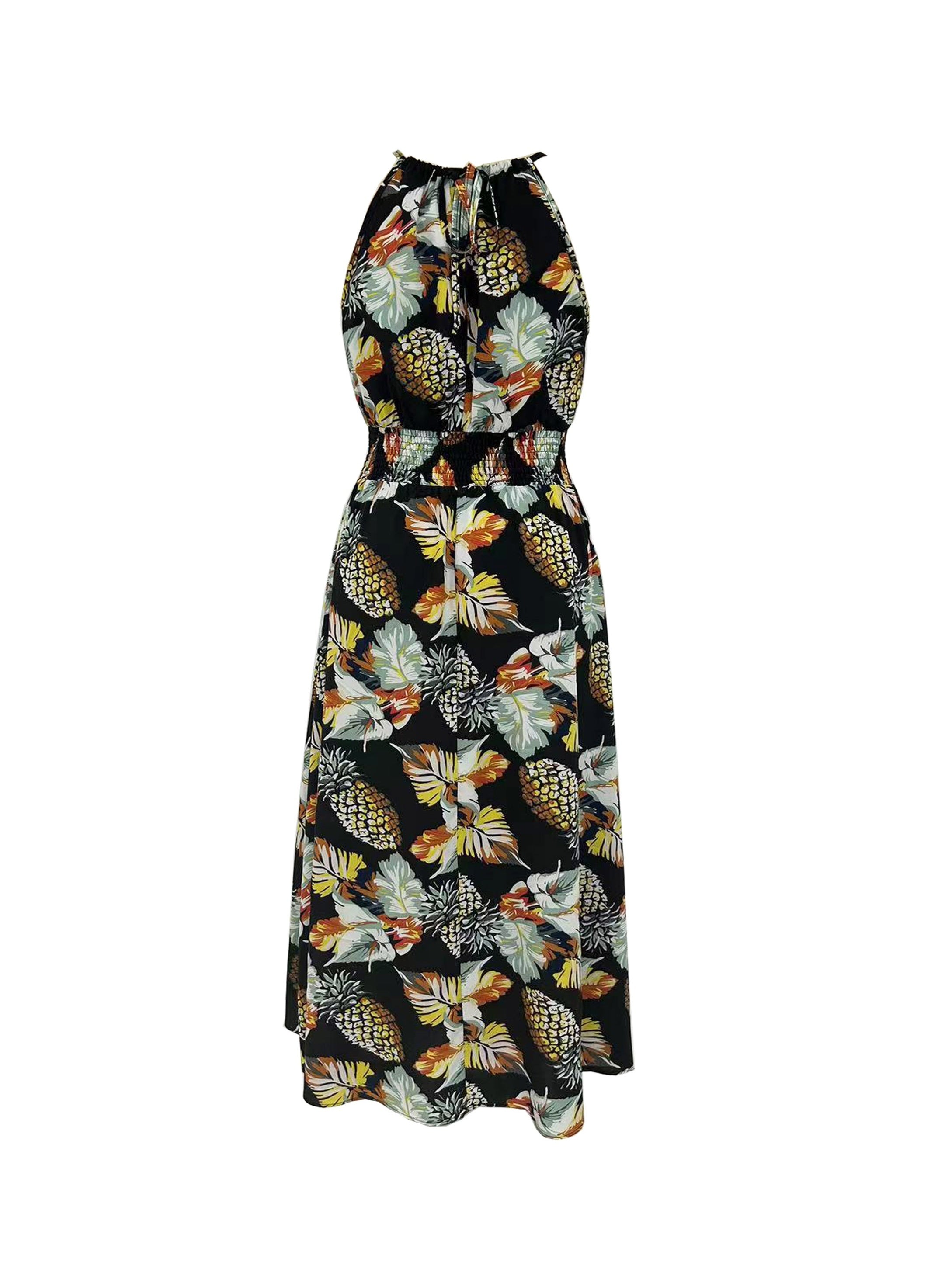 Paisley Print Sleeveless Shirred Dress Boho Resort Wear Drawstring Dress