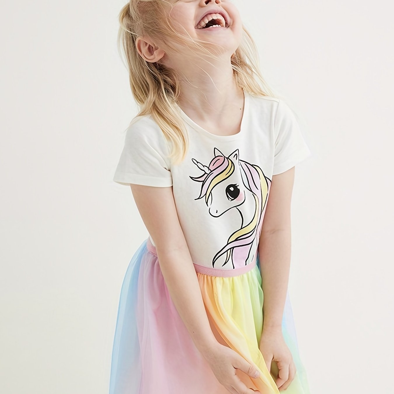 Girls Unicorn Mesh Princess Dress Short Sleeve Cotton TuTu Dress